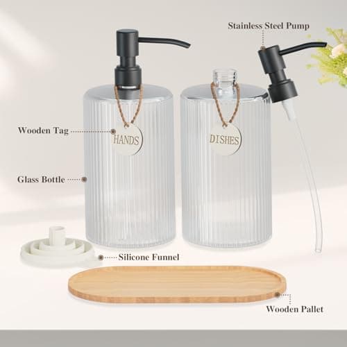 18Oz Soap Dispenser Set with Black Stainless Steel Pump & Wood Tray - Vertical Stripe Design Refillable for Dish Soap & Hand Soap, Fits Kitchen & Bathroom Countertops - Thumbnail 3