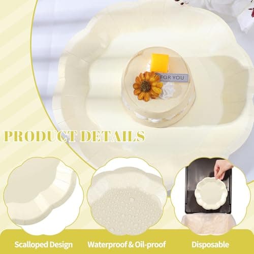 NatNarr 30 Pcs Paper Plates 9 In Cream Party Plates Scalloped Paper Plate Elegant Disposable Plate for Baby Shower, Bridal Shower, Birthday, Wedding - Thumbnail 3