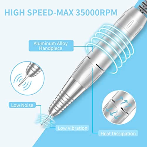 Portable Nail Drill Professional 35000 RPM, MOCOWIND Rechargeable Electric Nail File Machine E File for Acrylic Gel Polishing Removing, Cordless E-File with Bits Kit for Manicure Salon Home, Blue - Thumbnail 3