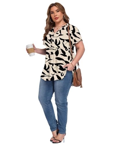 PLOKNRD Womens Plus Size Short Sleeve Tunic Tops Floral T-Shirts V-neck Summer Dressy Blouse Casual Pleated Pullover 2026 4X - Thumbnail 5