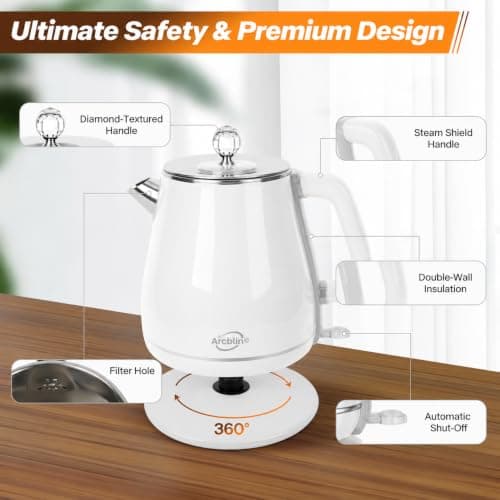 Retro Electric Kettle 1.8L, All Stainless Steel Hot Water Electric Kettle for Boiling Water, 1350W BPA Free Tea Kettle, Electric Tea Kettles Automatic Shut Off, Boil-Dry Protection,Pearl White - Thumbnail 6