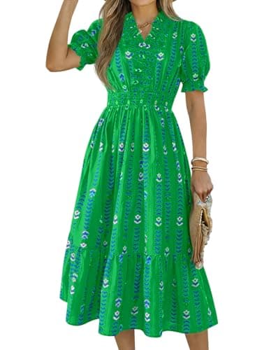Wenrine Womens Summer Midi Dresses Casual Floral Short Puff Sleeve Ruffle V Neck Smocked Boho Beach Dress Green - Image 1