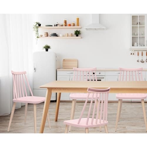 Xdeco Contemporary Windsor Design Plastic Dining Chair, Living Room Chair, Patio Chair, Armless Chair with Wood Texture, for Home, Office, Kitchen, Dining Room, Set of 4 (Pink) - Thumbnail 6