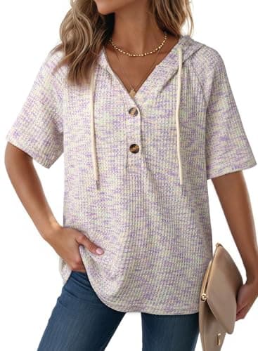 Dokotoo Womens Tops Summer Waffle Knit Short Sleeve Shirts for Women Fashion Clothing Lightweight Soft Drawstring Sweatshirt Button V Neck Casual Loose Blouses Boho Vacation Outfits Purple X-Large - Image 1