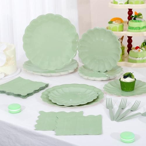 96 Pcs Sage Green Paper Plates and Napkins Party Supplies Serve 24 Guests Include Scalloped Dinner Plate 9.5", Dessert Plate 7.5", Napkins Plastic Forks for Baby Bridal Shower Wedding Birthday - Thumbnail 4