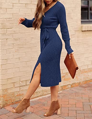 MEROKEETY Women's 2025 Fall Long Sleeve Bodycon Sweater Dress Winter V Neck Cable Knit Slit Midi Dresses, Navy, L - Thumbnail 5
