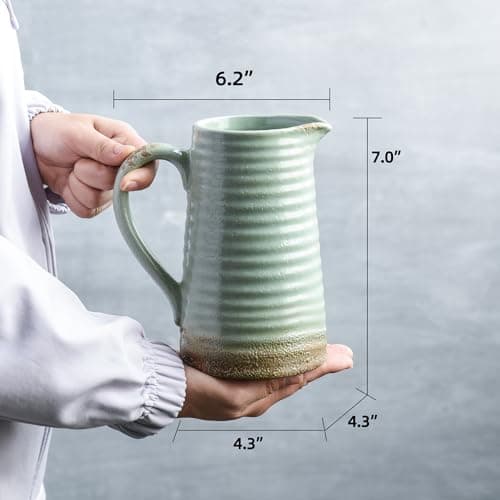 Quoowiit Ceramic Rustic Vase with Handle, Green Distressed Decorative Farmhouse Pitcher Vase for Home Decor Living Room Bedroom Kitchen Office Shelf Decor Centerpiece Table Decoration - Thumbnail 5