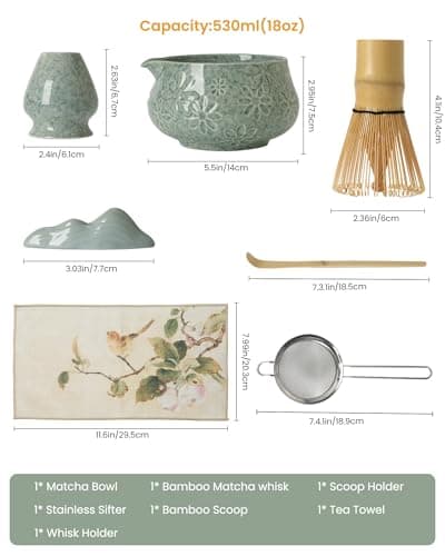 Matcha Whisk Set-7-Piece Ceramic Matcha Kit for Matcha Lovers,Includes 18 oz Matcha Bowl,Bamboo Matcha Whisk & Holder,Bamboo Scoop,Scoop Rest,Sifter,and Tea Towel(Blue) - Thumbnail 2