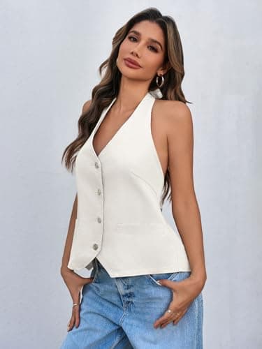 Tankaneo Womens Halter Denim Vest Tops Summer Open Back Y2K Going Out Tank Tops V Neck Button Down Jean Shirts - Thumbnail 3