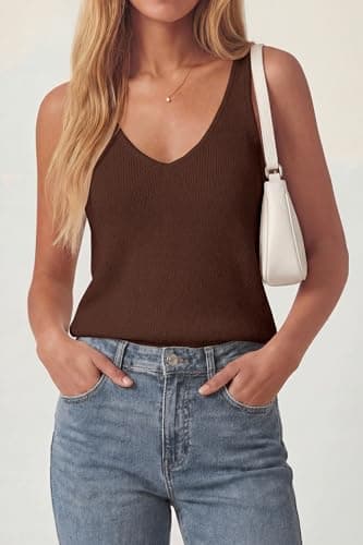PRETTYGARDEN Women Summer Tank Tops 2026 Basic Sleeveless V Neck Lightweight Knit Beach Vacation Clothes Going Out Top(Brown,Small) - Thumbnail 3