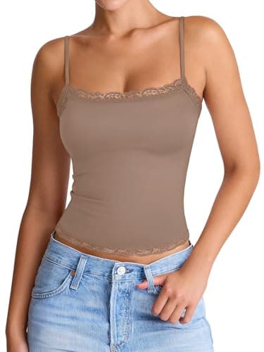 PINKMSTYLE Women's Lace Square Neck Cami Tank Y2K Double Layer Fitted Adjustable Spaghetti Straps Top Club Clothes Apricot Medium - Image 1