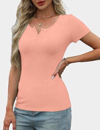 GKBK Ribbed Short Sleeve Tops for Women Henley V Neck Top Slim Fitted Tight Basic Tee Tshirts Cute Summer Tops 2025 Trendy Going Out Workout Outfits Pink S - Thumbnail 3