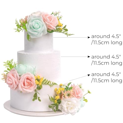TINGE TIME 3Pcs Pre-made Cake Toppers，Silk Artificial Flowers Decor，Cake Decorations for Weddings, Birthdays, Party,Baby Shower,Celebration (Mint Green and Pink) - Thumbnail 6