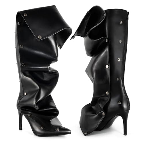 Lunhonk Women's Knee High Shark Boots Pointed Toe High Heels Ruched Stiletto Slouchy Party Boots Detachable Snap-off Panel - Image 1