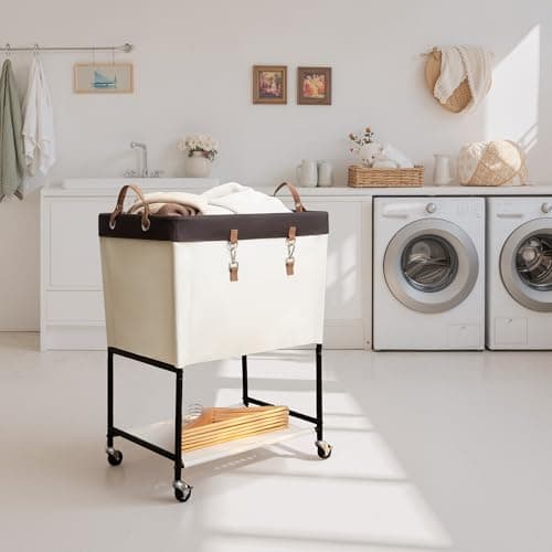 StorageWorks Laundry Cart, 2 Tier Rolling Laundry Basket, Heavy Duty Laundry Basket with Lockable Wheels, Laundry Room Organization and Storage, Clothes Hamper for Bedroom, Dorm, Closet, 29Gal, Beige - Thumbnail 2