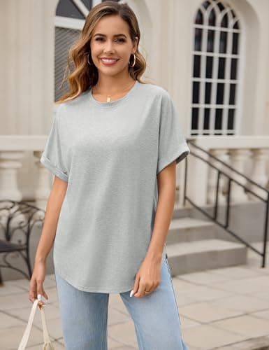 Totatuit Women Fashion Trendy Oversized Tee Tops Casual Solid Rolled Sleeve Split Hem T-Shirts Simple Cute Basic Tee for Teens Gray Small - Thumbnail 2