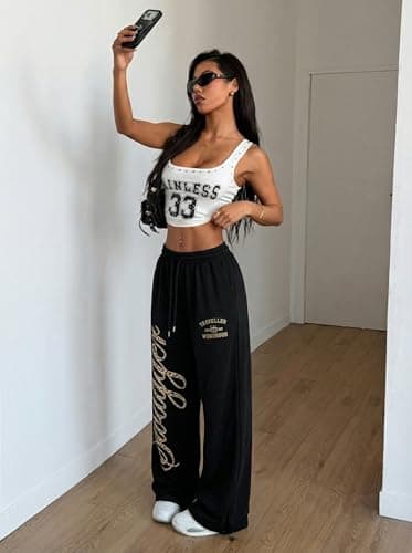 ZAFUL Womens Wide Leg Sweatpants Y2K Gothic Graffiti High Waisted Lounge Pants Athletic Joggers Pants with Pockets 7-Black&Leopard Black XXL - Thumbnail 5