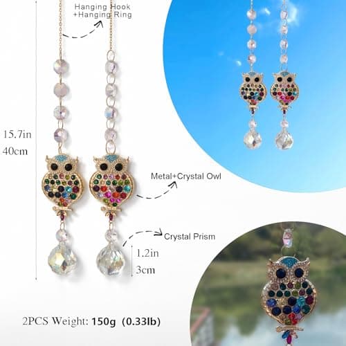 2Pcs Rhinestones Owl Crystal Suncatcher for Windows Hanging, 15.7In Prism Sun Catcher with Chain and Hook,Rainbow Maker for Home Garden Ceiling,Christmas Birthday Wedding Party Owl Gifts - Thumbnail 2