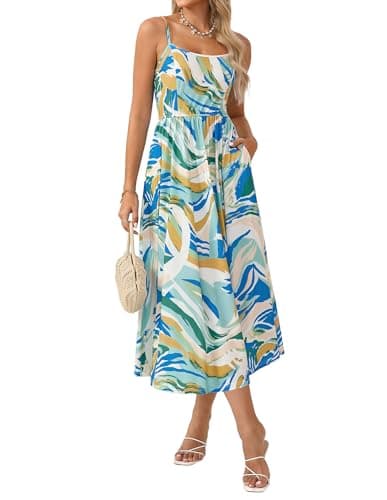 GRACE KARIN Summer Floral Maxi Sundresses for Women 2026 Spaghetti Strap Beach Boho Dress Casual Fashion Clothes with Pocket Blue Orange Green XXL - Image 1