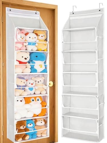 Over Door Stuffed Animal Storage, Zipper Closure Hanging Toy Organizer, Nylon Behind Door Organization, Clear Window Bathroom/Bedroom/Closet Holder Bag for Nursery Dorm Room Plush, 1Pack, 5 Tier，Beige