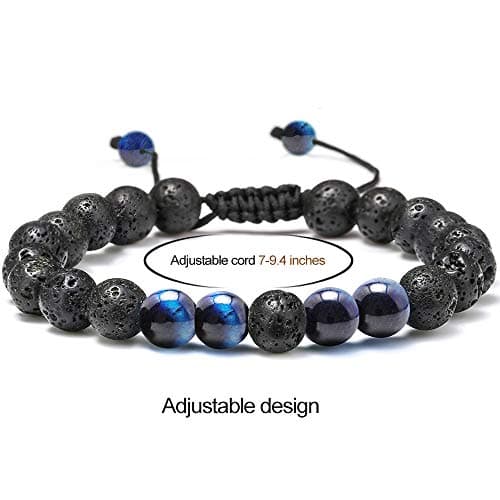 M MOOHAM Natural Bead Bracelet - Gem Semi Precious Stone Round Bead Black Lava Rock Blue Tiger Eye Beads Bracelet Adjustable Bracelets Birthday Gifts for Men - Thumbnail 5