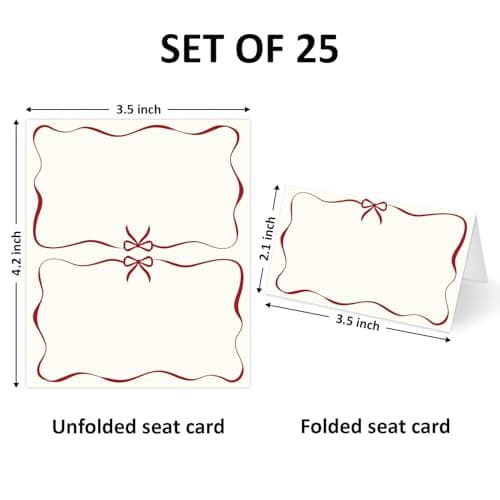 Red Bow Wave Border Place Cards for Table Setting, Blank Name Card for Banquet, Set of 25 Seating Cards for Wedding Reception Baby Shower Birthday Party and Events-07 - Thumbnail 2