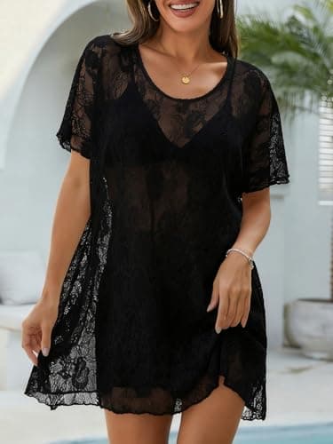 Charming Ashley Women's Lace Swim Cover-Up, Vacation Swim Dress, Summer Loose-Fit Bikini Cover-Ups, Beachwear Black - Thumbnail 5