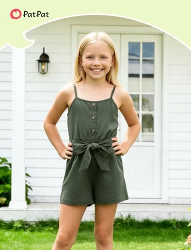 PATPAT Girls Rompers Size 9-10, Olive Green, Cute Jumpsuits For Kids, Backless Wide Leg Sleeveless Hawaiian Rompers With Pockets, Spaghetti Strap Jumpsuits With Belt, Kids Birthday Outfit - Thumbnail 5