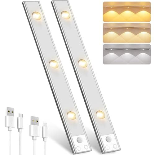 Pak Under Cabinet Lights, Rechargeable Motion Sensor Light Indoor, Wireless and 3-Color Dimmable with Cat’s Eye Hill Effect, for Display Cabinets, Showcases, Wine Racks, 2 Pack, Silver - Image 1