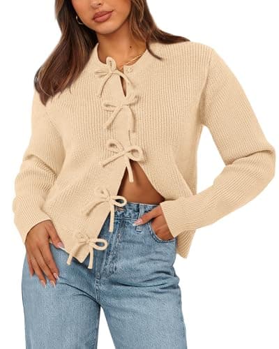 BTFBM Bow Cropped Cardigan Sweaters for Women 2026 Fall Winter Open Front Sweater Long Sleeve Button Fashion Spring Clothes(Beige, Medium) - Image 1