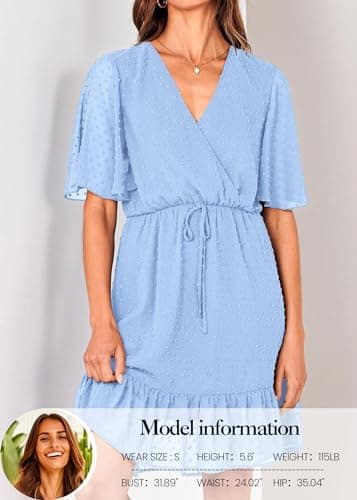 KIRUNDO Womens Summer Dresses 2026 Casual Spring Short Sleeve V Neck Ruffle Swiss Dot High Waist Belted Flowy Mini Dress, Style2-light Blue, Large - Thumbnail 4