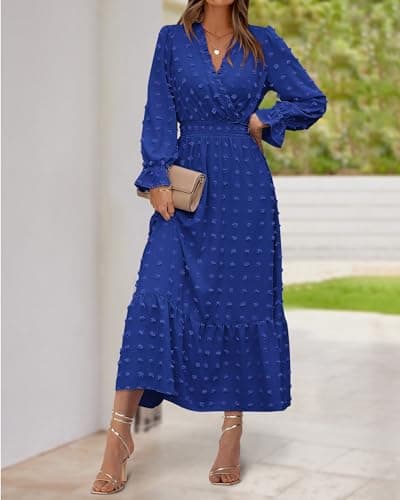 BTFBM Women Fall Maxi Dresses 2025 Long Sleeve V Neck Swiss Dots High Waisted A-Line Ruffle Boho Long Dress Vacation(Royal Blue,Medium) - Thumbnail 3