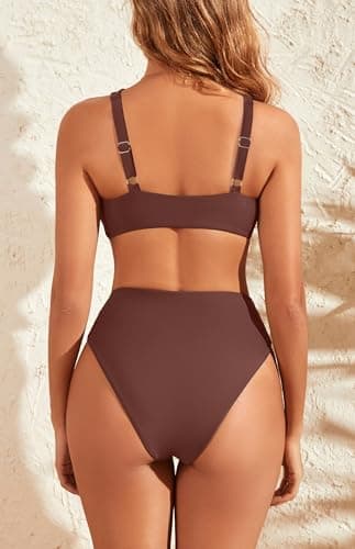 geluboao Women's Bikini Sets Two Piece Swimsuit Sexy V Neck Push Up High Waisted Cheeky Bathing Suit Brown XL - Thumbnail 4