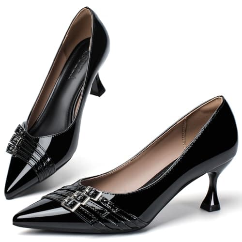 Women's Kitten Heels Leather Comfortable Closed Toe Pointed Toe Pumps Stiletto Heeled Dress Shoes for Women Classic Wedding Party Work Pump Shoes Black Size 8 - Image 1