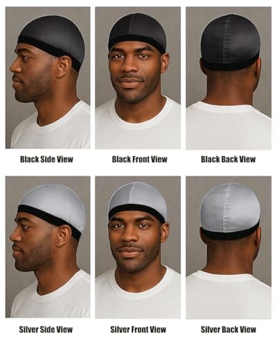 2Pcs Wave Cap Silky Stocking Wave Caps for Men, Good Compression Over Durag(Black+Silver) - Thumbnail 2