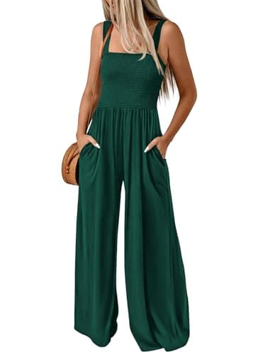 KIRUNDO Rompers for Women Dressy Overalls One Piece Summer Smocked Sleeveless Sexy Jumpsuits Long Pant Jumpsuit with Pockets 2026 Spring Clothes(Green, XX-Large) - Image 1