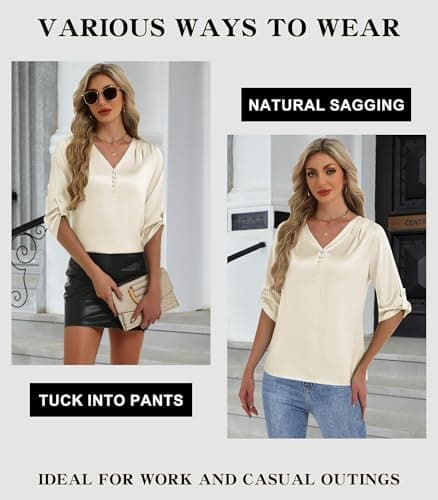 2026 Womens 3/4 Sleeve Shirts Dressy Casual Tops Pleated Satin Silk Business Blouses Apricot - Thumbnail 4