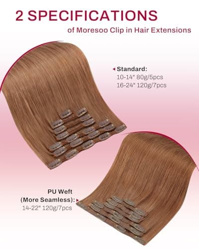 Moresoo Seamless Clip in Hair Extensions Light Copper Clip in Hair Extensions Real Human Hair Natural Luster Human Hair Clips in Extensions Remy Hair for Thin Hair 20inch 120g 7pcs - Thumbnail 5