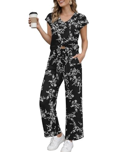 KUOTAI Two Piece Sets for Women V Neck Tie Front Cap Sleeve Tops Wide Leg Pants Elastic Waist with Pockets Casual Matching Outfit, Carvings Black, Small - Image 1