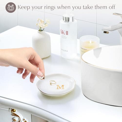 ProCase Ceramic Jewelry Tray, Initial Ring Dish Trinket Plate Engagement Gift, Small Personalized Monogram Ring Bowl for Wedding, White Decorative Jewelry Holder for Women Vanity -Letter M - Thumbnail 3