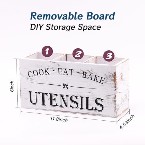 Kitchen Utensil Holder for Counter or Countertop, Extra Large Wood Organizer with 3 Compartments, Wooden Storage for Cooking and Silverware, Rustic Minimalist Decor, Sturdy Utensil Crock-White - Thumbnail 5