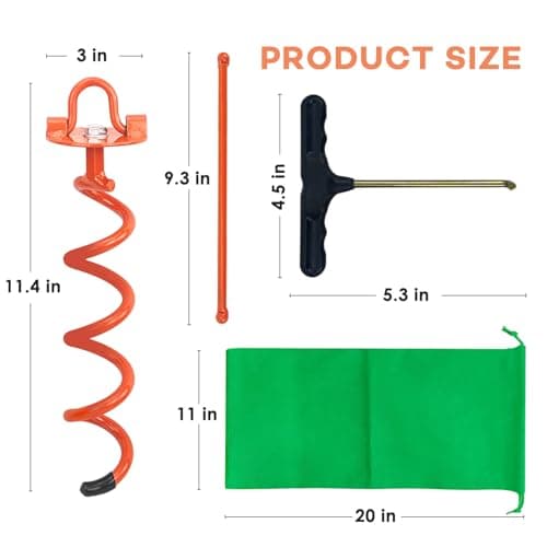 MIXXIDEA 11.4 Inch Gound Anchors Screw in, Metal Spiral Earth Anchors Kit, Heavy Duty Folding Ring Spiral Dog Tie Out Stake, Ground Stakes for Tent Trampolines, Garden Fence, Sheds, Swings (Orange) - Thumbnail 2