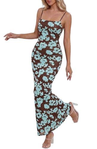 BTFBM Womens Maxi Dress 2026 Spring Floral Sexy Spaghetti Straps Sleeveless Bodycon Summer Beach Wedding Guest Dresses(Floral Blue, XX-Large) - Image 1