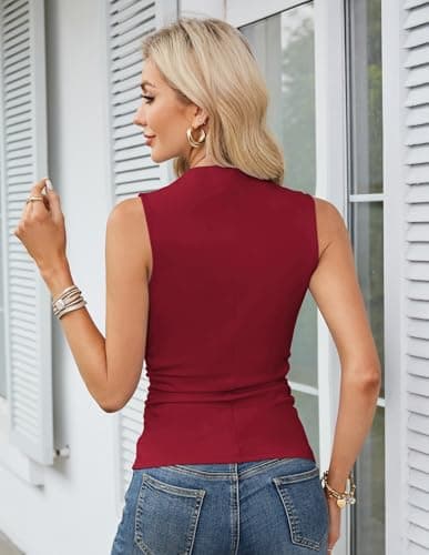 GRACE KARIN Women's High Neck Tank Tops 2026 Summer Casual Slim Fitted Sleeveless Basic Shirts Dark Red - Thumbnail 4