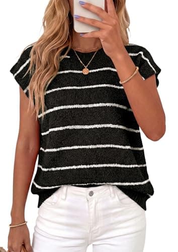 PRETTYGARDEN Womens Summer Short Sleeve Tops 2026 Trendy Crew Neck Striped Knit Sweater Business Casual Spring Clothes (Striped Black White,Large) - Image 1