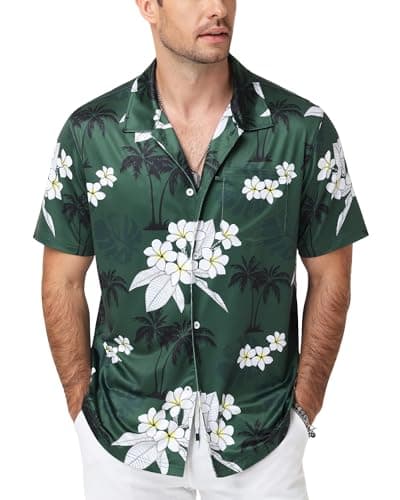 SEAOYOZO Hawaiian Shirt for Men Short Sleeve Tropical Button Down Floral Beach Vacation Holiday Shirts Stretchy Breathable Wrinkle Free 2XL Green White Floral Palm Print - Image 1