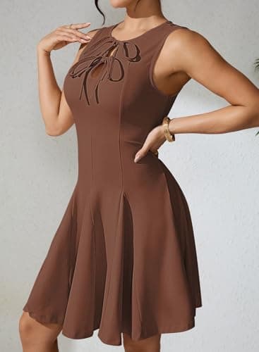 Pink Queen Sleeveless Ruffle Knit Mini Dress for Women 2026 Sexy Tie Knot High Waist A Line Cocktail Party Dresses Summer Chocolate Brown S - Thumbnail 3
