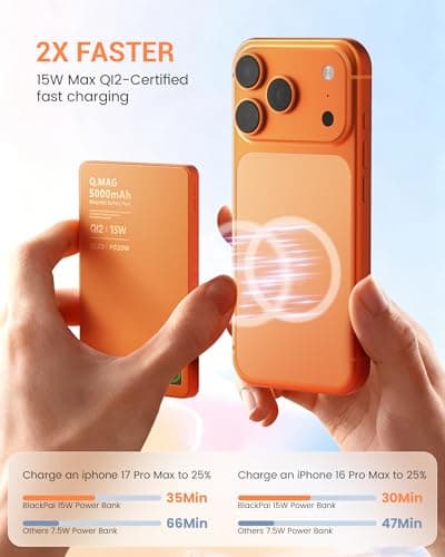 Portable Charger for Apple Watch & iPhone 17/16/15/14, 5000mAh 15W Fast Wireless Magnetic Power Bank with Built-in USB-C Cable, Ultra Slim 3-in-1 Mag-Safe Battery Pack with Smart LCD Display, Orange - Thumbnail 3
