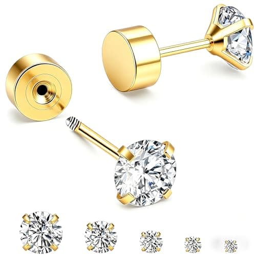MHWTTY Hypoallergenic Cartilage Earrings for Women Men, 1 Pairs Titanium Stud for Women Gold Silver Black 20G Post & Screw Back with Cubic Zirconia 3 4 5 6 7 mm Piercing Jewelry (Gold-A, 5mm)