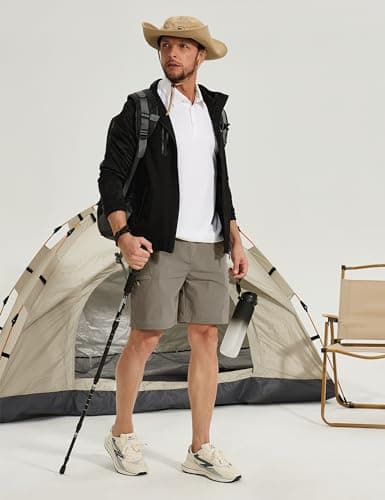 MOURCE Mens Hiking Shorts 9" - Stretch Lightweight Cargo Shorts for Men with Zipper Pockets Flat Front, Khaki - Thumbnail 2
